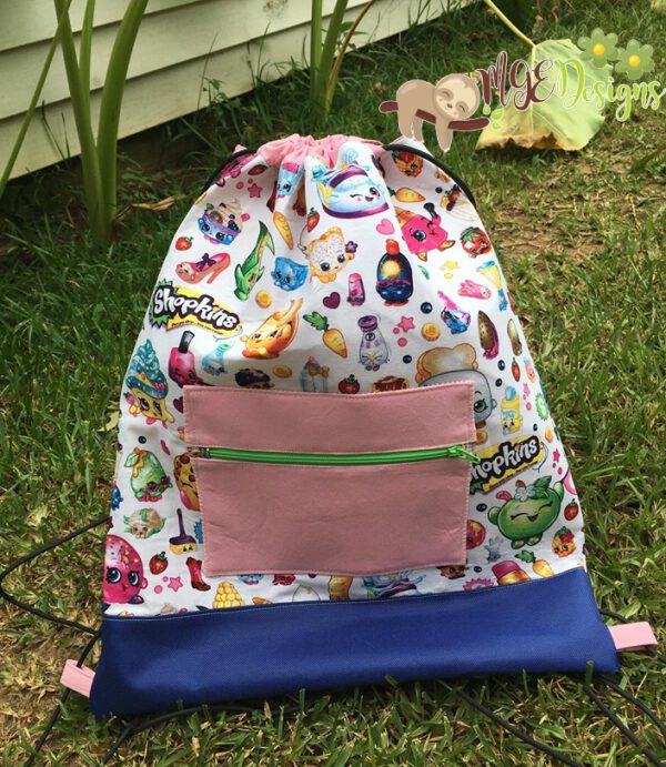 Shopkins Drawstring Backpack with Front Pocket Accent Handmade by MGEDesigns