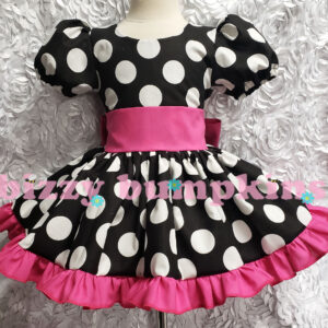 Girls black and white polka dot dress with hot pink