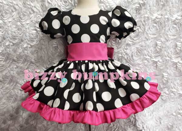 Girls black and white polka dot dress with hot pink