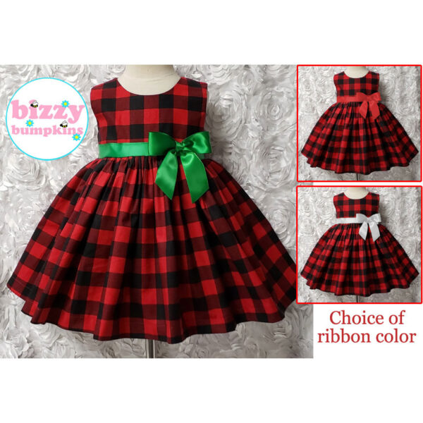 Red and Black Buffalo Plaid Sleeveless Dress Holiday Christmas Dress for Baby, Infant, Toddler Girls Choice of Ribbon color accent