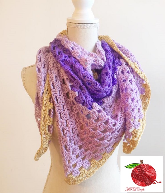 Purple and gold crocheted triangle scarf