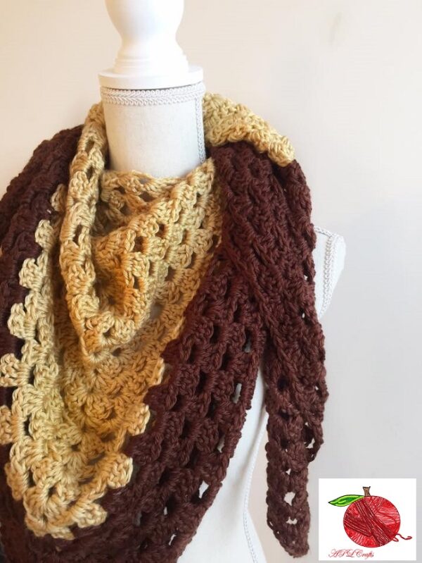 Crochet Granny Triangle Scarf in Chocolate and Gold