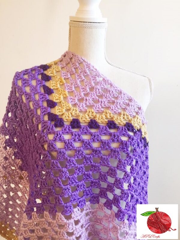 Purple and gold crocheted triangle scarf