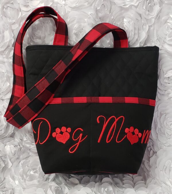 Red Buffalo Plaid Dog Mom Embroidered Quilted Tote Handbag by Doxie Days