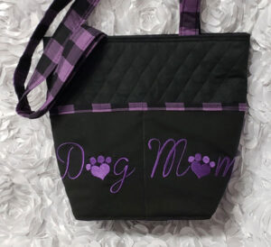Purple Buffalo Plaid Dog Mom Embroidered Quilted Tote Handbag by Doxie Days