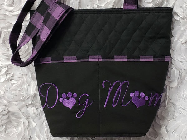 Purple Buffalo Plaid Dog Mom Embroidered Quilted Tote Handbag by Doxie Days