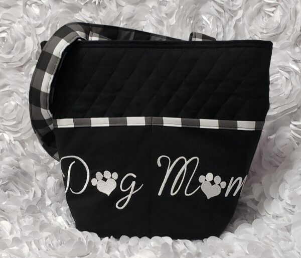 White Buffalo Plaid Dog Mom Embroidered Quilted Tote Handbag by Doxie Days