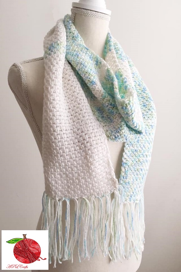 Crochet Fringed Scarf in Blue and White