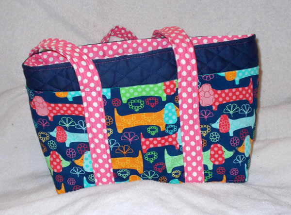 Handmade Quilted Dachshunds and Polkadots Print Tote Handbag Purse by Doxie Days