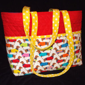 Large Quilted Red and White Dachshund Print Tote Handbag by Doxie Days