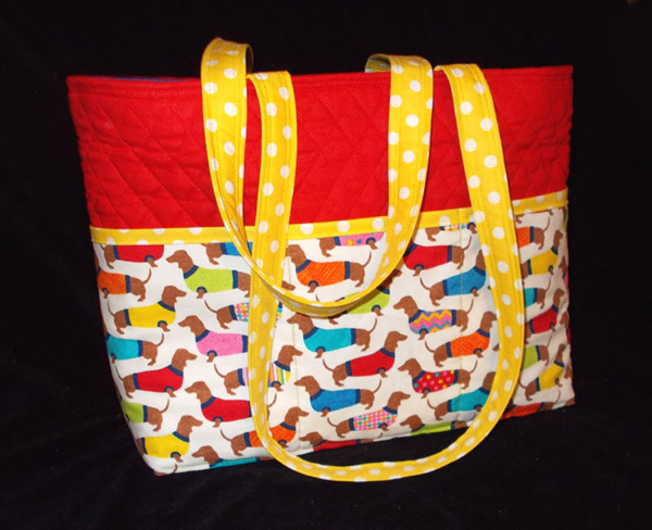 Large Quilted Red and White Dachshund Print Tote Handbag by Doxie Days