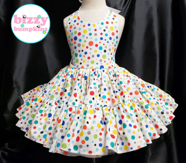colorful bright polka dots twirly halter dress