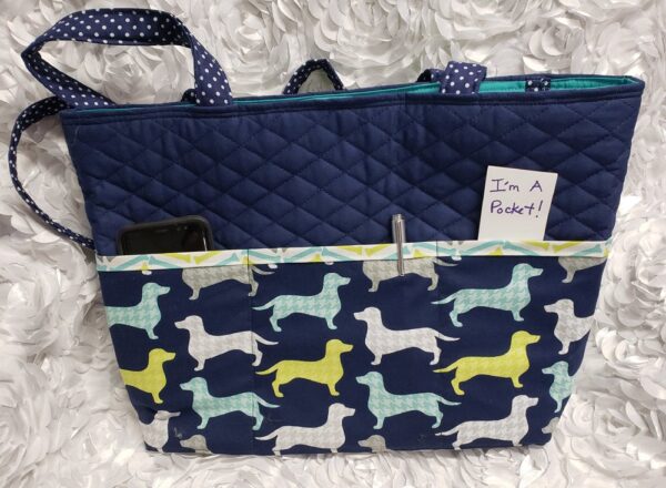 Large Quilted Dachshund Navy Tote Handbag by Doxie Days