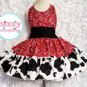 Red and Cow Print Twirly Halter Dress