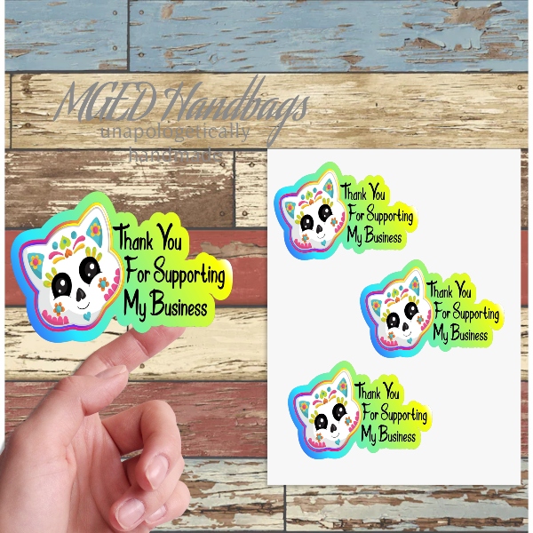 Cat Sugar Skull Thank You Stickers, Sheet of 19, Shipping Included, Handmade by MGEDHandbags