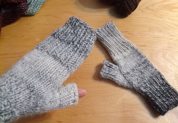 light grey to dark grey gradient fingerless gloves extended