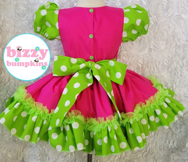Hot Pink and Lime Puff Sleeve Dress with Chiffon Ruffle Tree by Bizzy Bumpkins