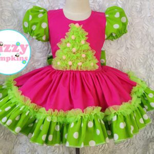 Hot Pink and Lime Puff Sleeve Dress with Chiffon Ruffle Tree by Bizzy Bumpkins